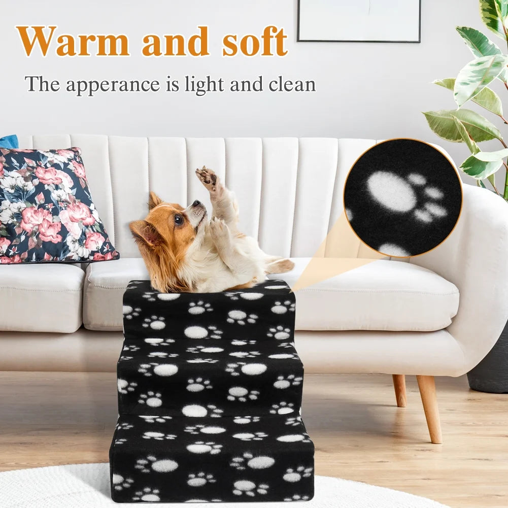 Pet Stairs 3 Steps Indoor Dog Cat Steps Bed Ramp for Puppies up to 45 Lbs Black with Paw