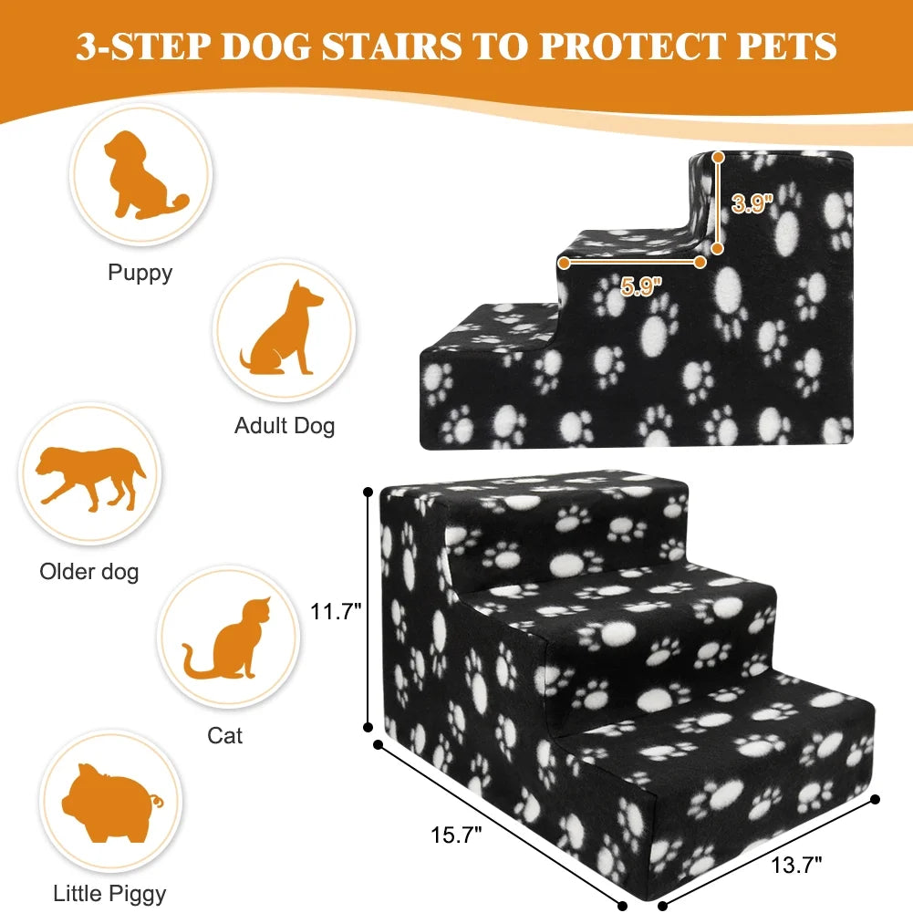 Pet Stairs 3 Steps Indoor Dog Cat Steps Bed Ramp for Puppies up to 45 Lbs Black with Paw