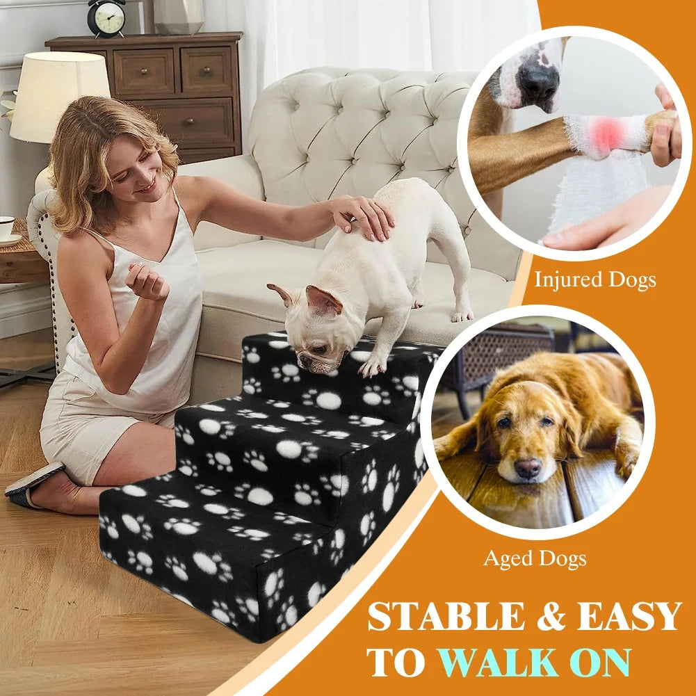 Pet Stairs 3 Steps Indoor Dog Cat Steps Bed Ramp for Puppies up to 45 Lbs Black with Paw