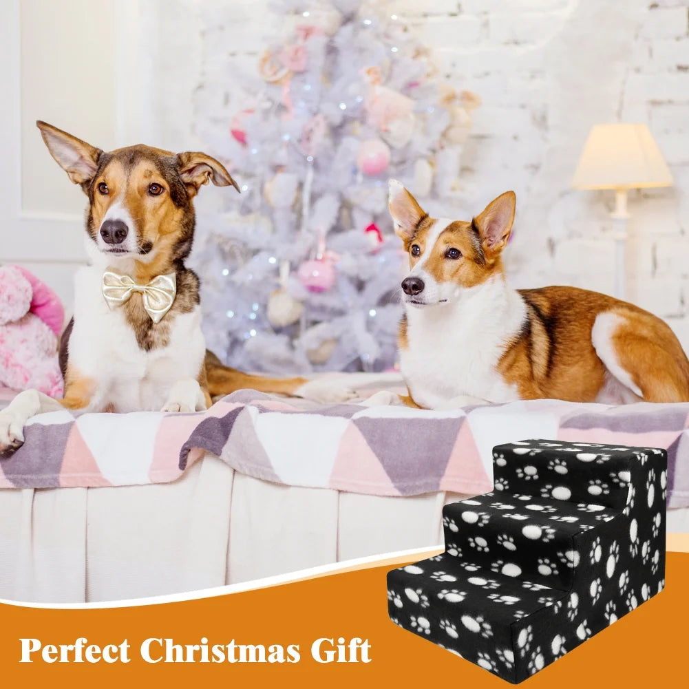Pet Stairs 3 Steps Indoor Dog Cat Steps Bed Ramp for Puppies up to 45 Lbs Black with Paw