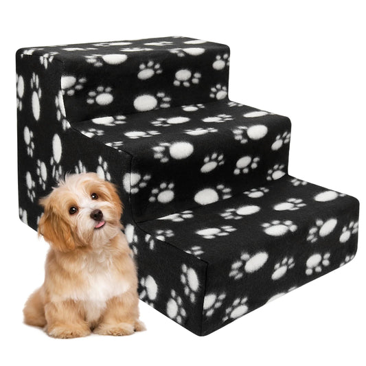 Pet Stairs 3 Steps Indoor Dog Cat Steps Bed Ramp for Puppies up to 45 Lbs Black with Paw