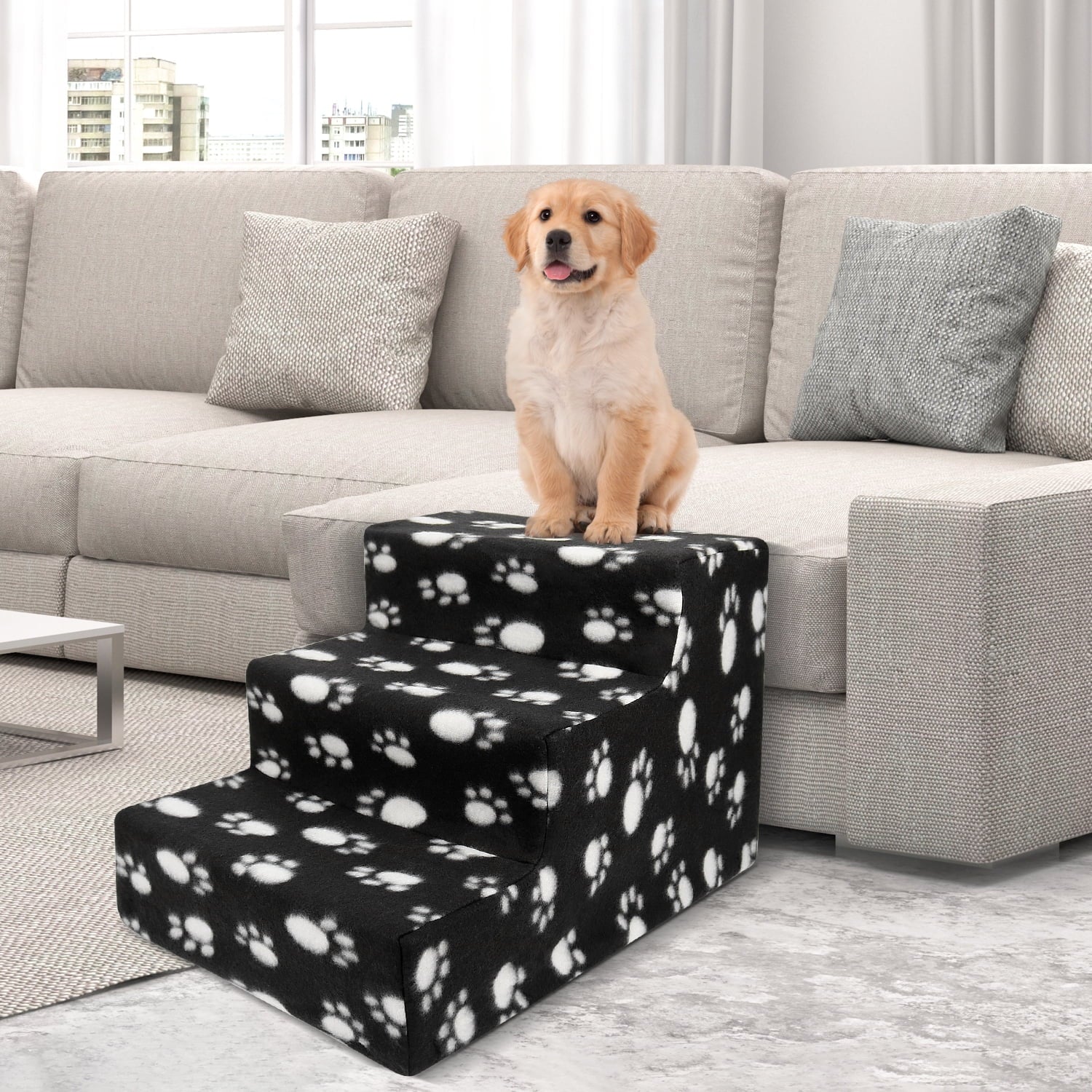 Pet Stairs 3 Steps Indoor Dog Cat Steps Bed Ramp for Puppies up to 45 Lbs Black with Paw