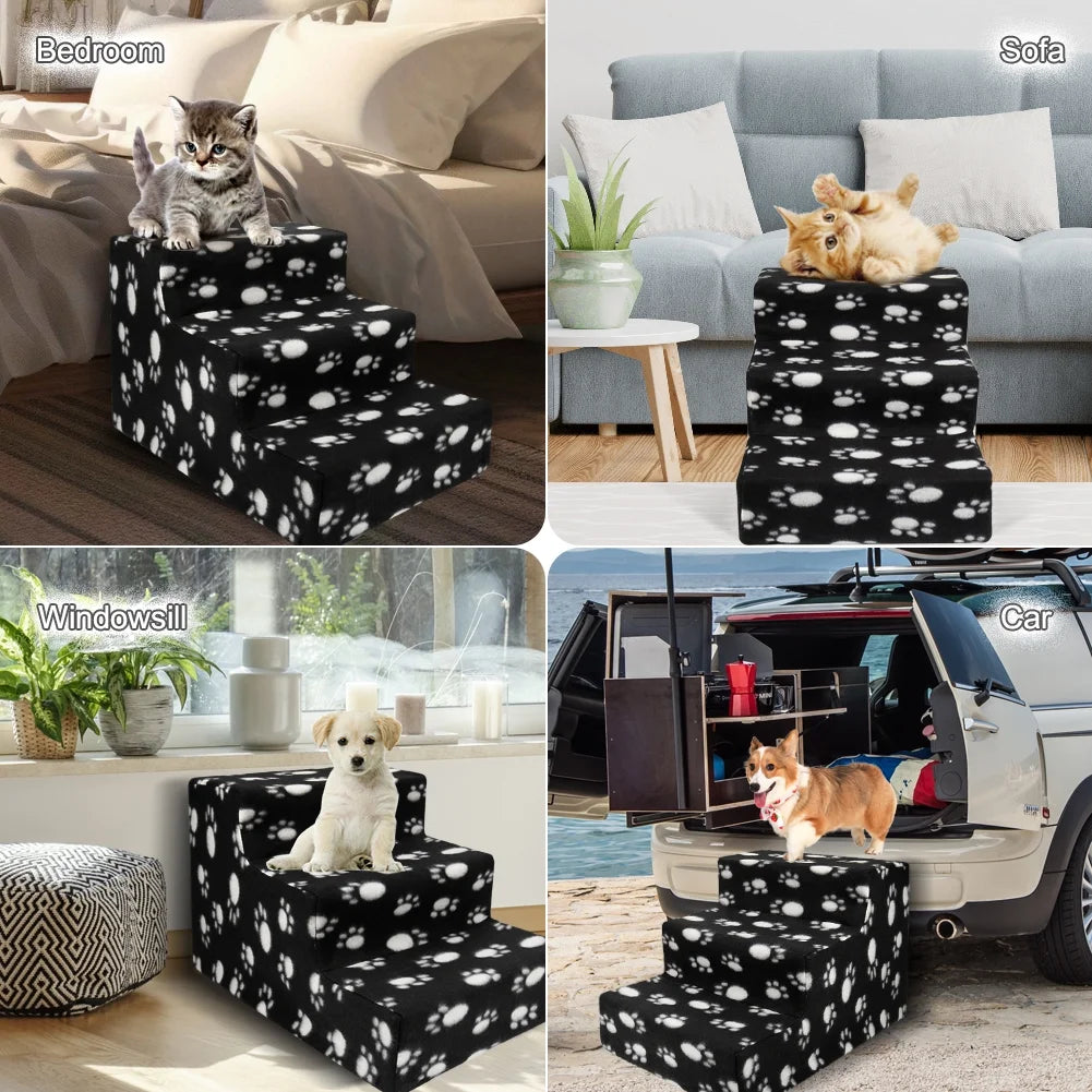 Pet Stairs 3 Steps Indoor Dog Cat Steps Bed Ramp for Puppies up to 45 Lbs Black with Paw