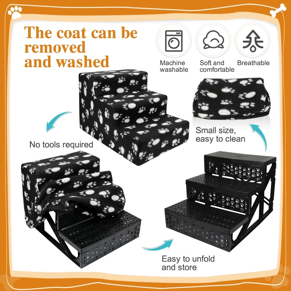 Pet Stairs 3 Steps Indoor Dog Cat Steps Bed Ramp for Puppies up to 45 Lbs Black with Paw